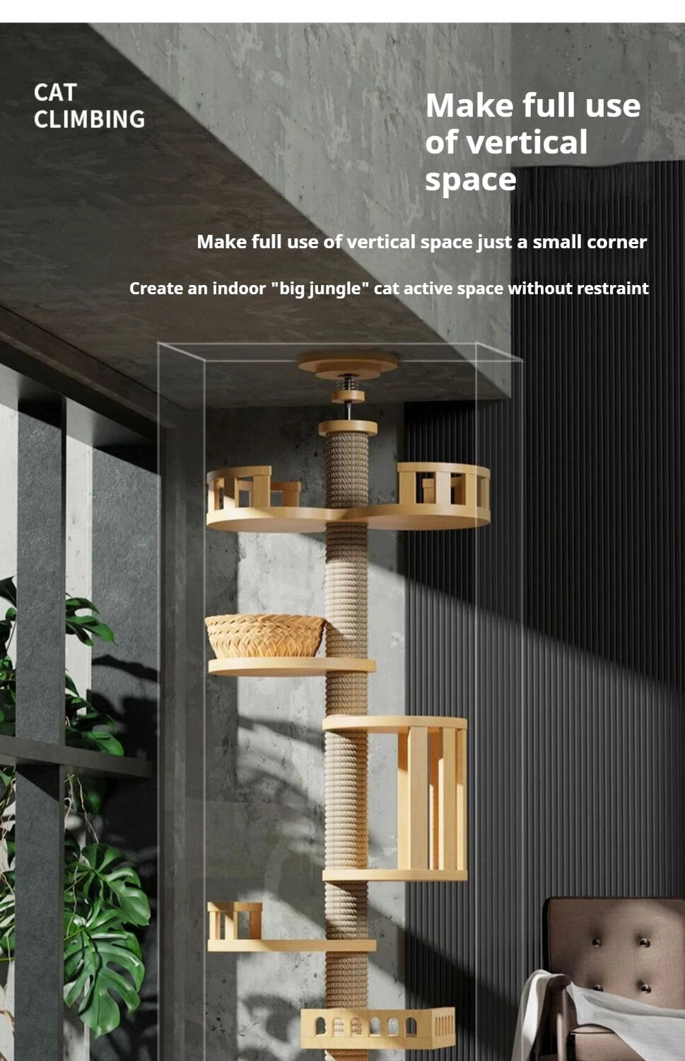 Adjustable Cat Tree House Tower Multi-function Floor To Ceiling Wooden House Tower Soft with Pet Condo Flannel Hammock Bed