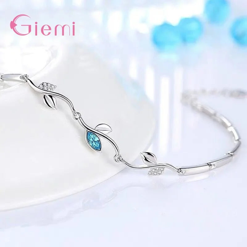 Charm 925 Sterling Silver Leaf Design Blue Crystal Zircon Bangle&Bracelet For Women Girls Wedding Party Fashion Jewelry Gifts