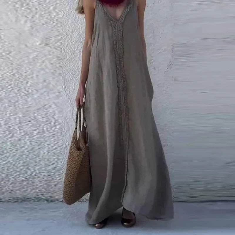 Woman Sexy V Neck Tassel Long Dresses Spring Solid Loose Boho Suspender Dress New Summer Sleeveless Vacation Maxi Dress Vestidos - AIAZ