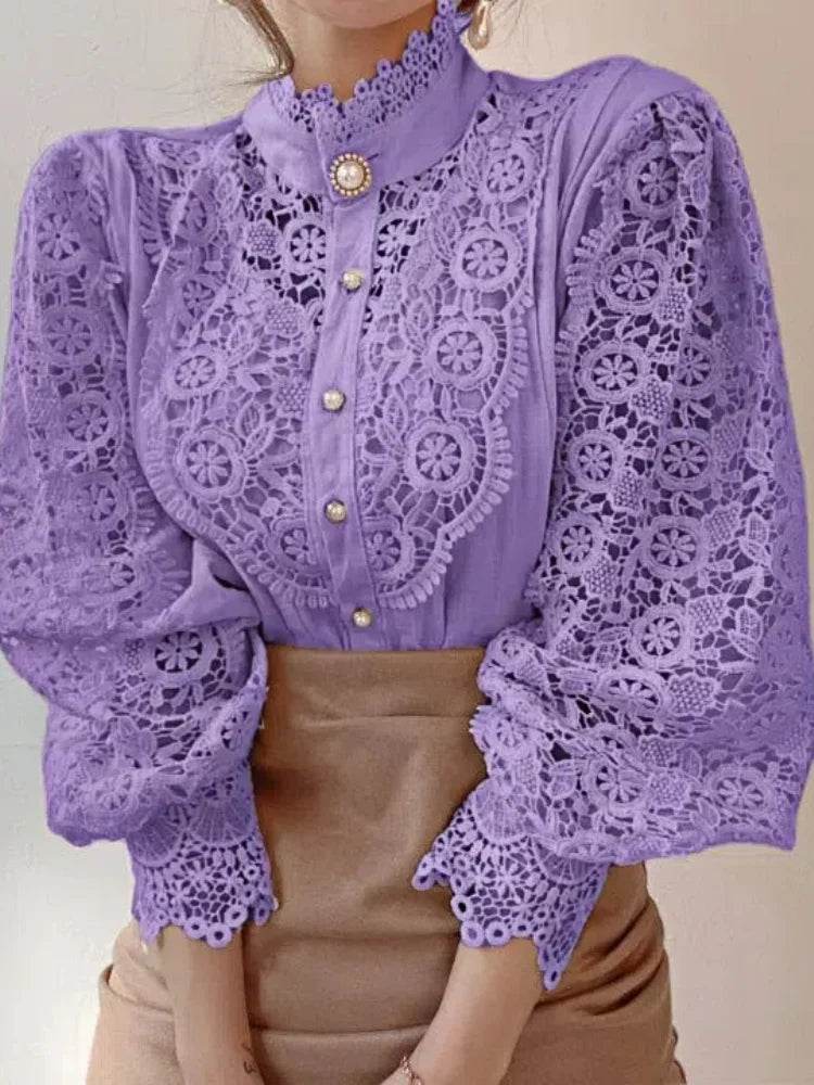 Women's Summer Lace Shirt Button White Top Fashionable Casual Top for Spring Autumn4107 - AIAZ