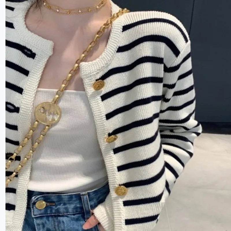 Women Stripe Knitted Cardigans Spring Autumn O-neck Single Breasted Long Sleeve Crop Tops Fashion Casual Chic Female Sweaters - AIAZ