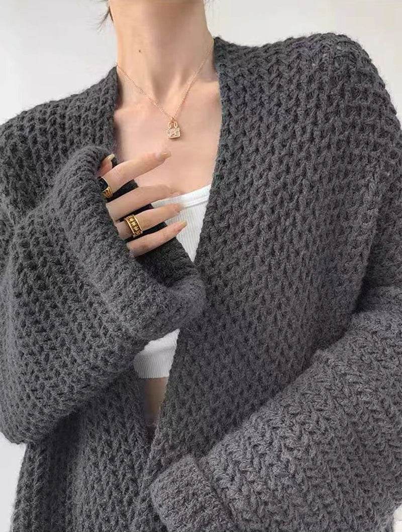 Korean Cardigan Sweater for Women Autumn Winter Loose Lazy Style Female Midi Knit Coats Fashion V Neck Casual Big Pocket Jumpers - AIAZ