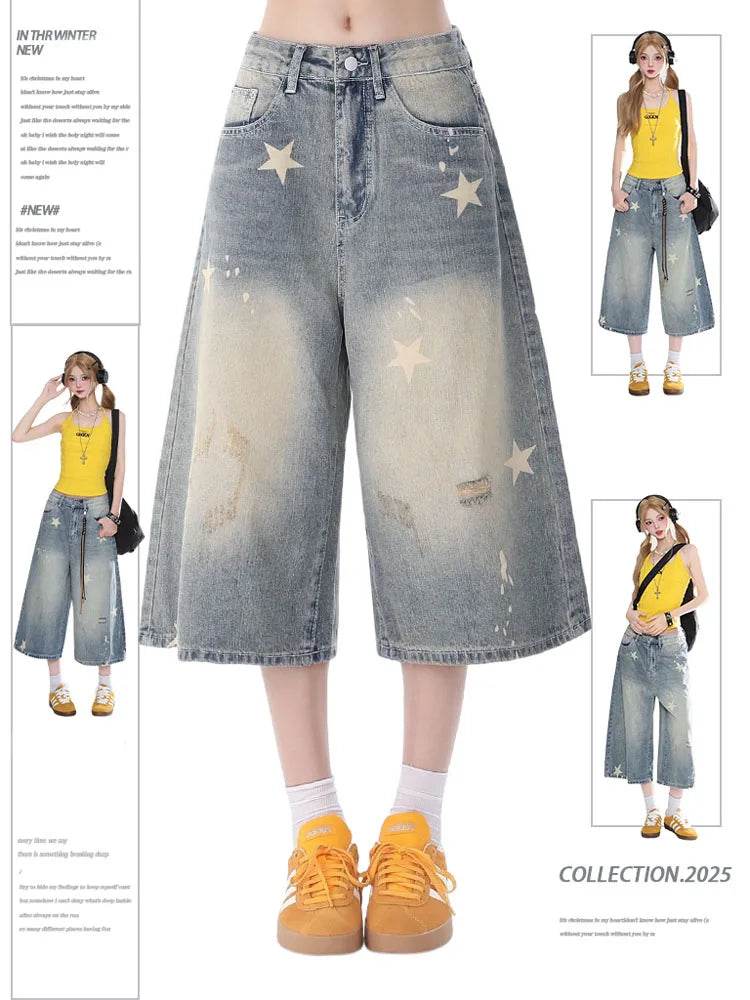 Street Y2K Vintage Washed Cat Whiskered Style embroidered Bermuda Jeans Knee Length Denim Jorts Casual Shorts Cropped Trousers - AIAZ
