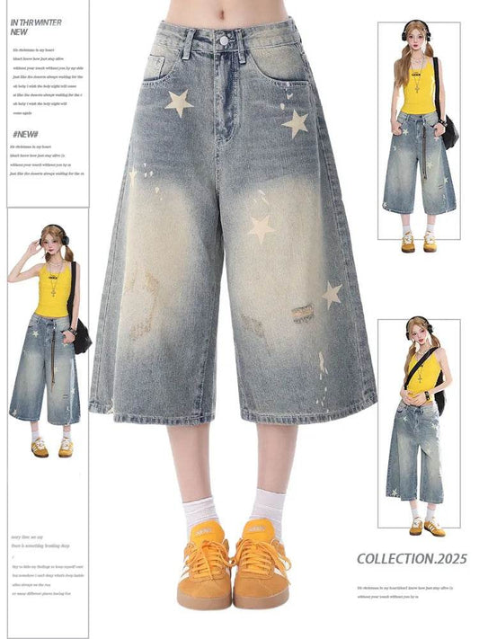 Street Y2K Vintage Washed Cat Whiskered Style embroidered Bermuda Jeans Knee Length Denim Jorts Casual Shorts Cropped Trousers - AIAZ