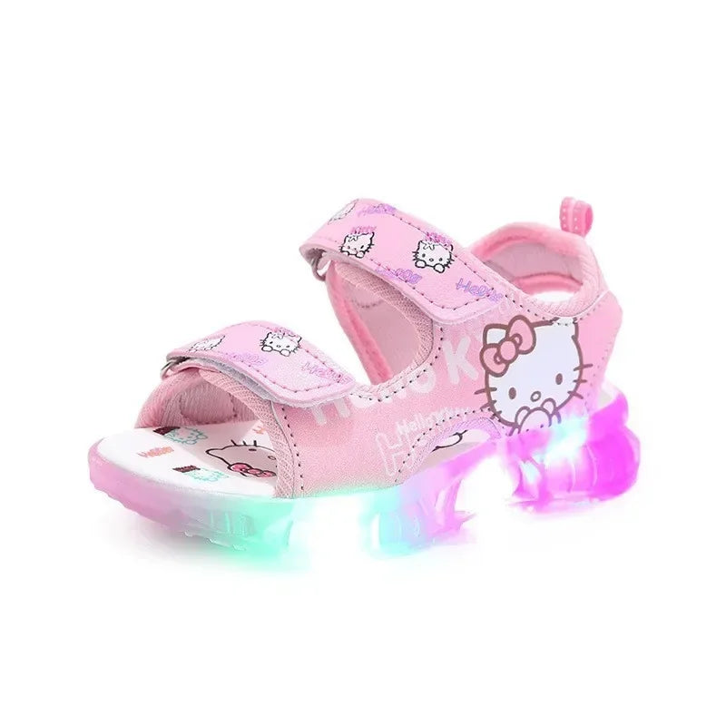 2024 Summer Baby LED Light Sandals For Girls Cute Hello Kitty Children's Casual Shoes Anti-slip Kids Beach Shoes Outdoor Shoes