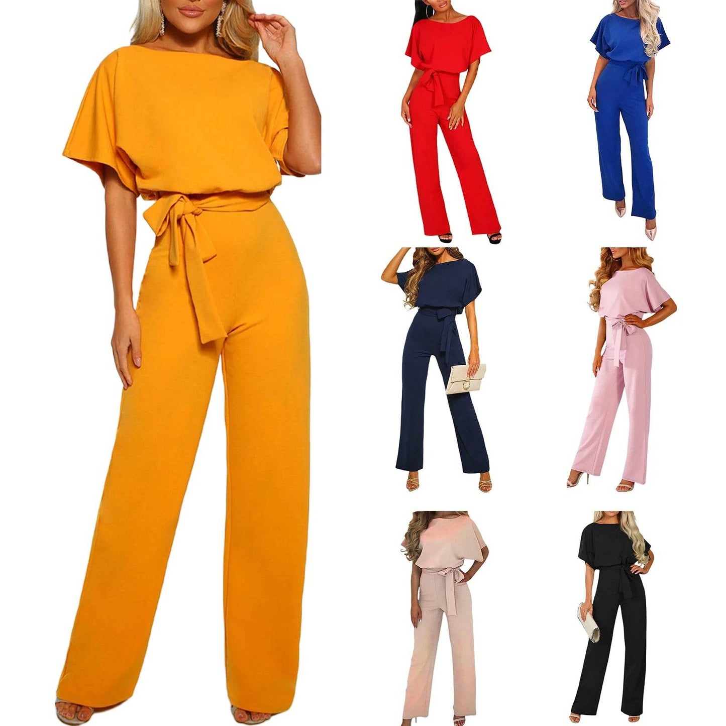 Women's clothing summer 2024 Jumpsuit, Elegant Short Sleeve Hollowed Waist Tie Solid Summer Wide Leg Pants - AIAZ