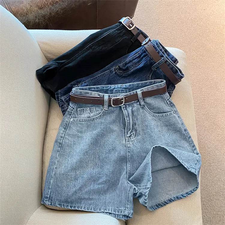 Denim shorts women's summer new trendy Instagram high waist simple slimming loose wide leg versatile A-line hot pants - AIAZ