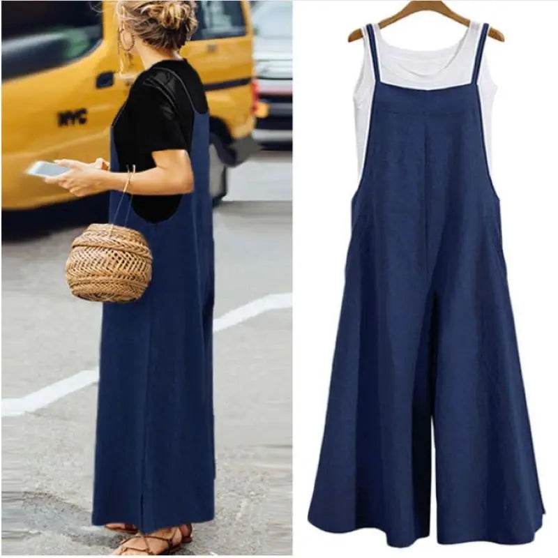 Women's Summer Sleeveless Jumpsuit Solid Color Wide Leg Bib Overalls Casual Loose Cotton Linen Straps Dungaree - AIAZ