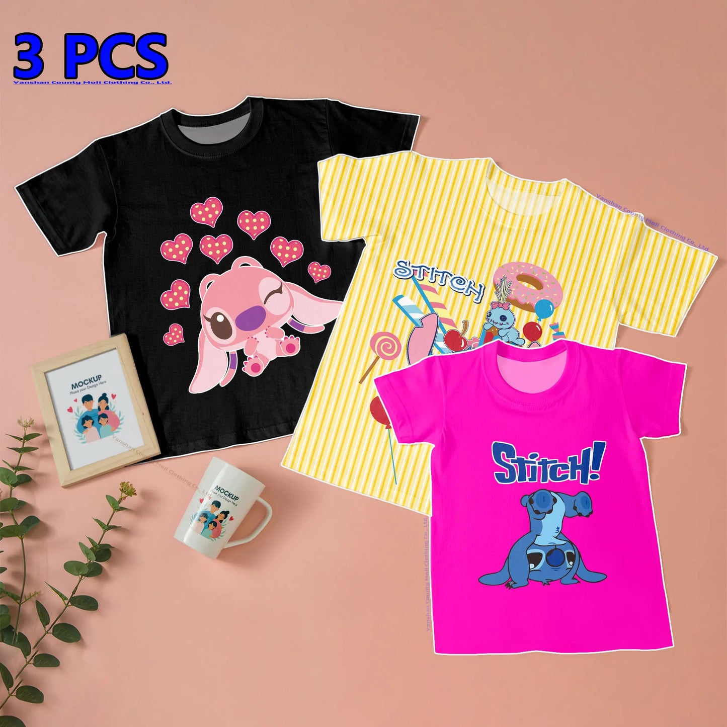 3 Pcs Clothes Disney Stitch Kids' Kawaii T Shirts Boys' T-Shirt Graphic Tee Children Casual Tees Girls Loose Short Sleeve Tops