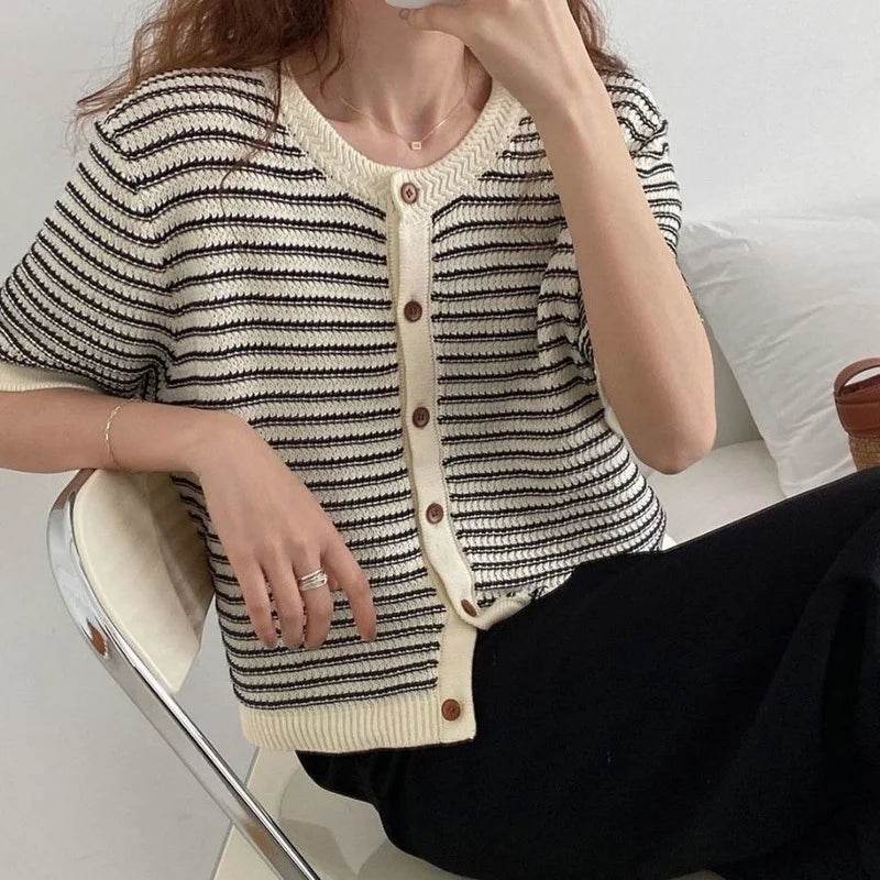 Cardigan Women Summer Breathable Elegant Striped Trendy New Single Breasted Short Sleeve Knitted Jumpers Female O-neck Tender BF - AIAZ