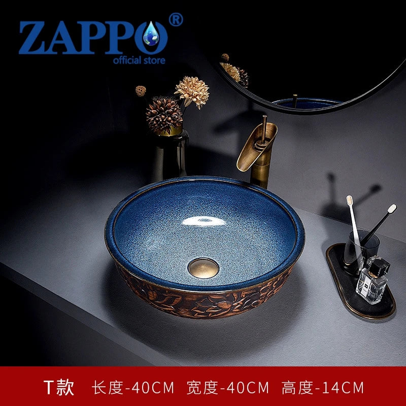 ZAPPO Round Vessel Sink with Faucet Drain JinDezhen Ceramic Vessel Sinks Oval Bathroom Sink Bowl Above Counter with Mixer Tap