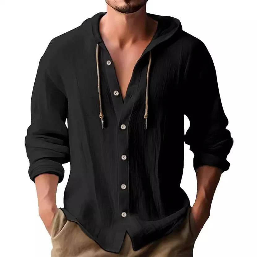 Men's T-shirt Long-sleeved Hooded Cotton Linen Buttons Basic Casual Street Fashion Top Streetwear Tees - AIAZ