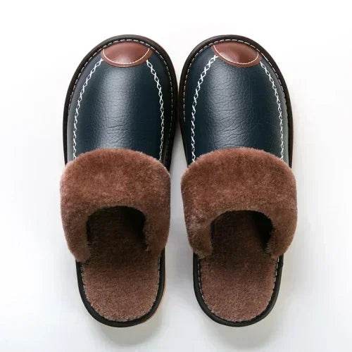 Men Winter Leather Slippers Bedroom Cotton Slippers Male Waterproof Thick Plus Velvet Indoor Warm House Home Slippers Shoes - AIAZ