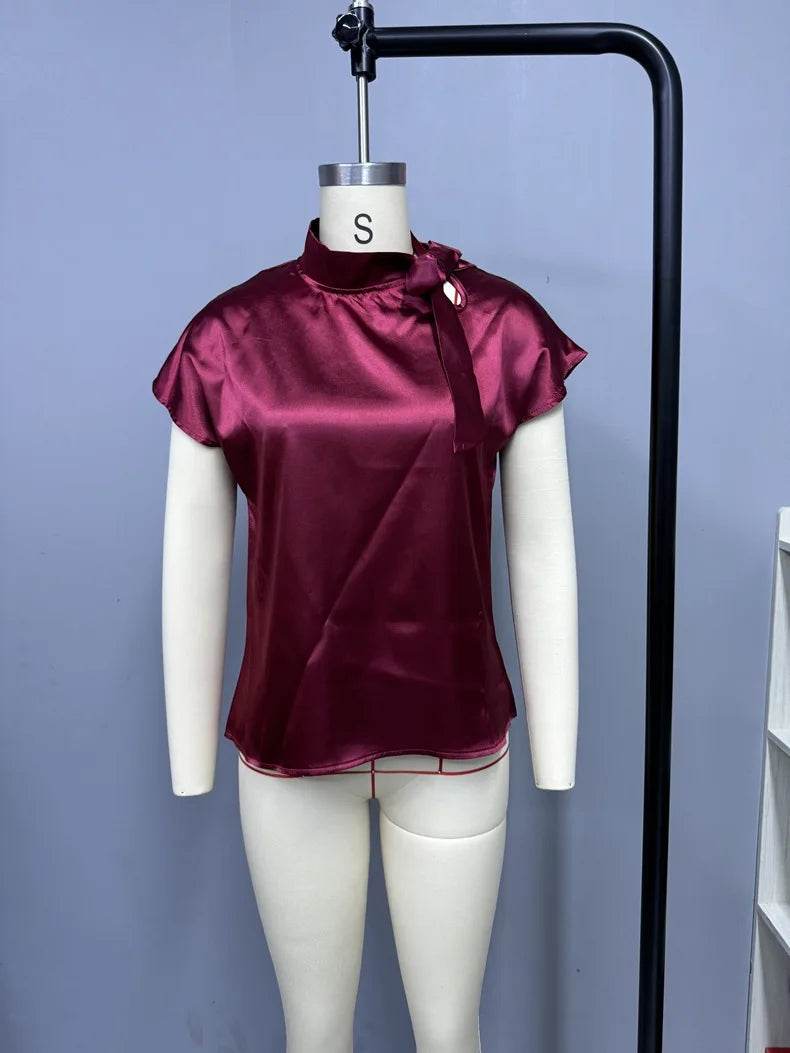 Women Shirt Fashion Bow Satin T-shirt Female Short Sleeve Solid Color All-match Pullover Tee Women's Temperament Summer Tops - AIAZ