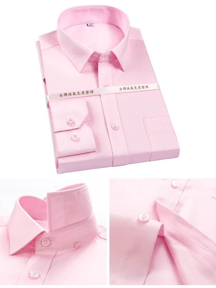 Men's Non Iron Standard-fit Solid Basic Dress Shirt Formal Business Premium 100% Cotton Male Long Sleeve Work Office Shirts - AIAZ