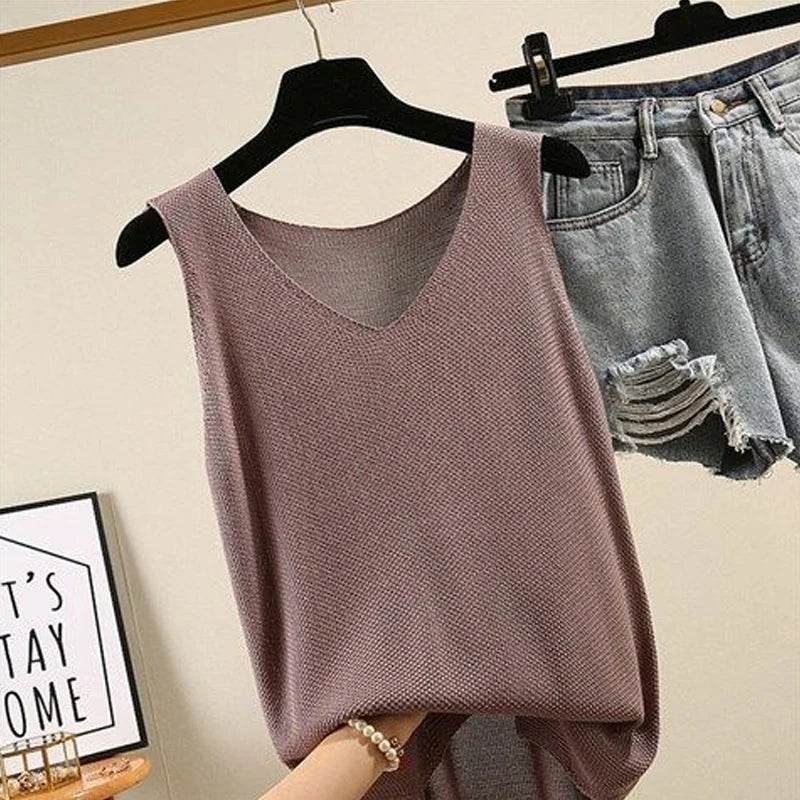 Blusas Mujer De Moda 2024 Blouse Women Summer Sleeveless Knitted Blouse Shirt Women Clothes V-neck Blouse Women Tops Shirts C855 - AIAZ