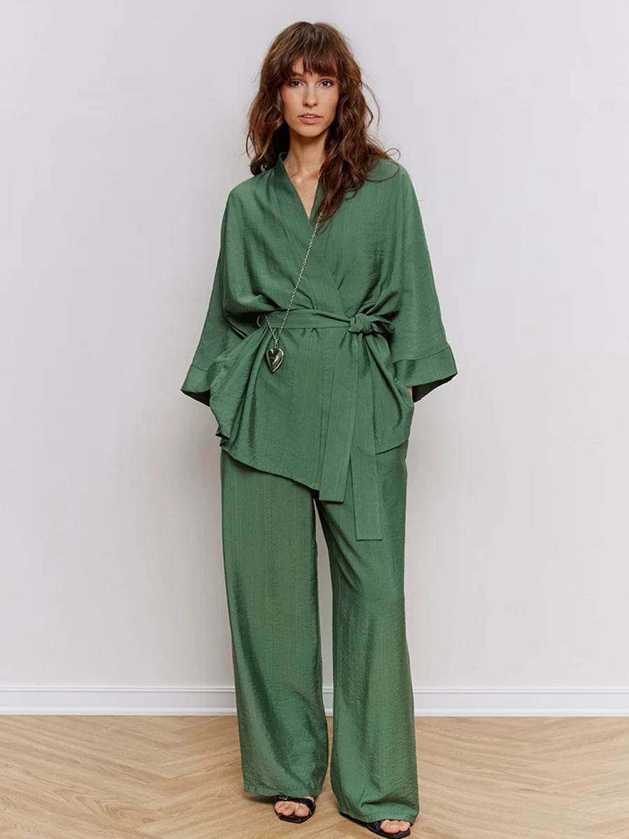 Mozuleva Women's Long Sleeved Pajama Set New Autumn Green Lace Up Pajamas Loose Pants Leisure Home Clothing 2-piece Set - AIAZ