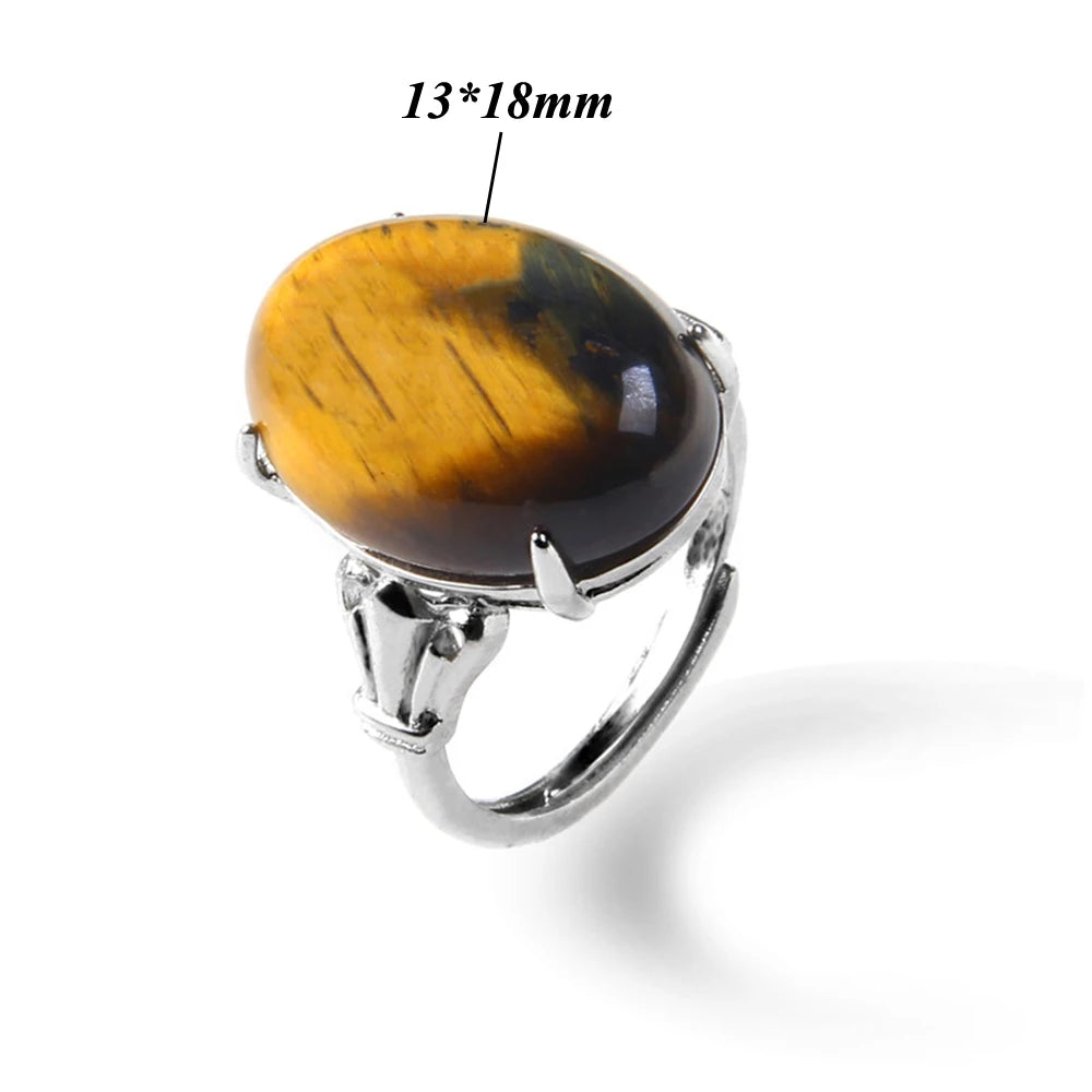 Cabochon Natural Stone Ring 10*14MM Oval Agates Turquois Quartzs Gem Finger Ring Silver Color Adjustable Open Rings Jewelry Gift
