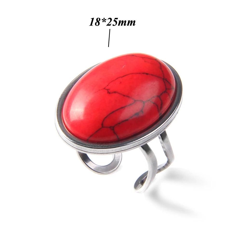 Cabochon Natural Stone Ring 10*14MM Oval Agates Turquois Quartzs Gem Finger Ring Silver Color Adjustable Open Rings Jewelry Gift