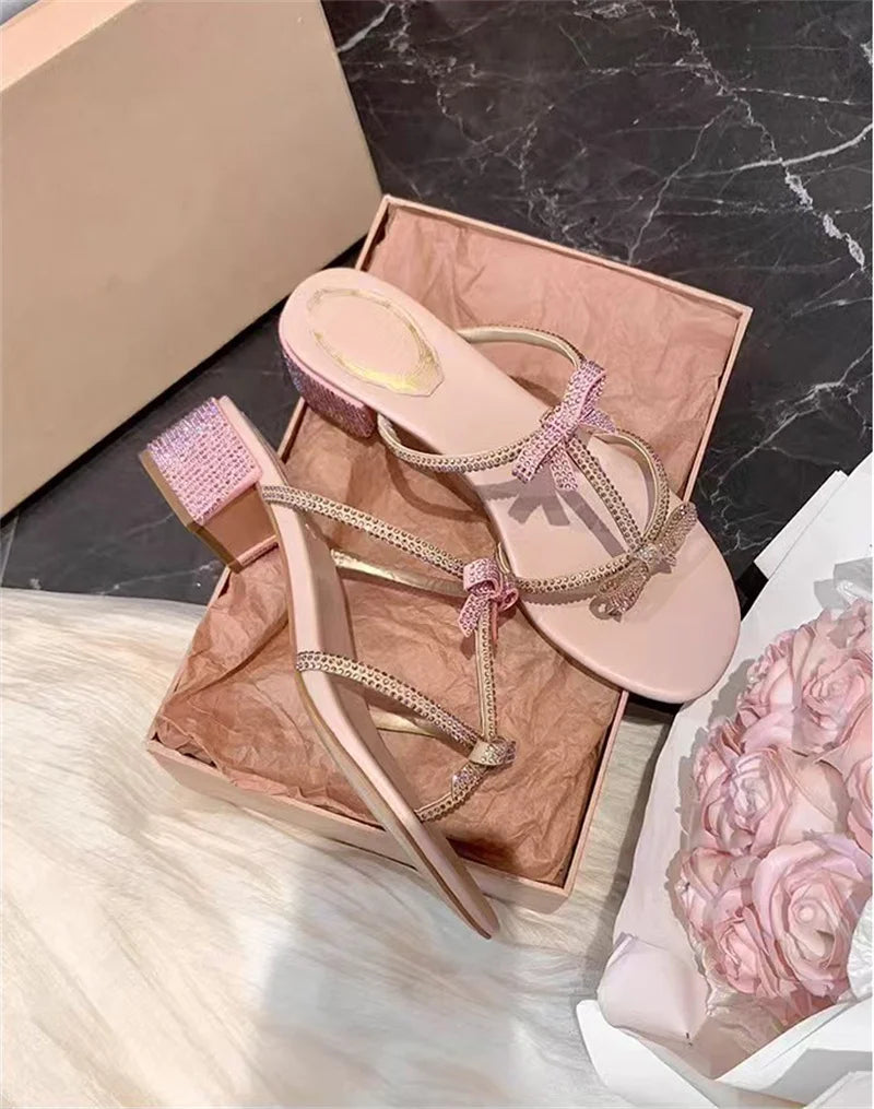 Hlieny Silver Crystal Bowknot Slipper Summer Outdoor Sandal Women Square Low Heel Beach Slip On Flip Flop Slides Shoes Size 40
