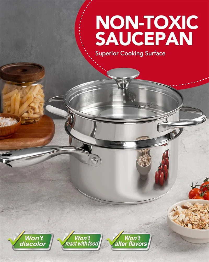 MICHELANGELO Milk Pot Set with Steamer 2.5QT Stainless Steel Saucepan with Lid Steamer Pot with Pour Spout Induction Oven Safe