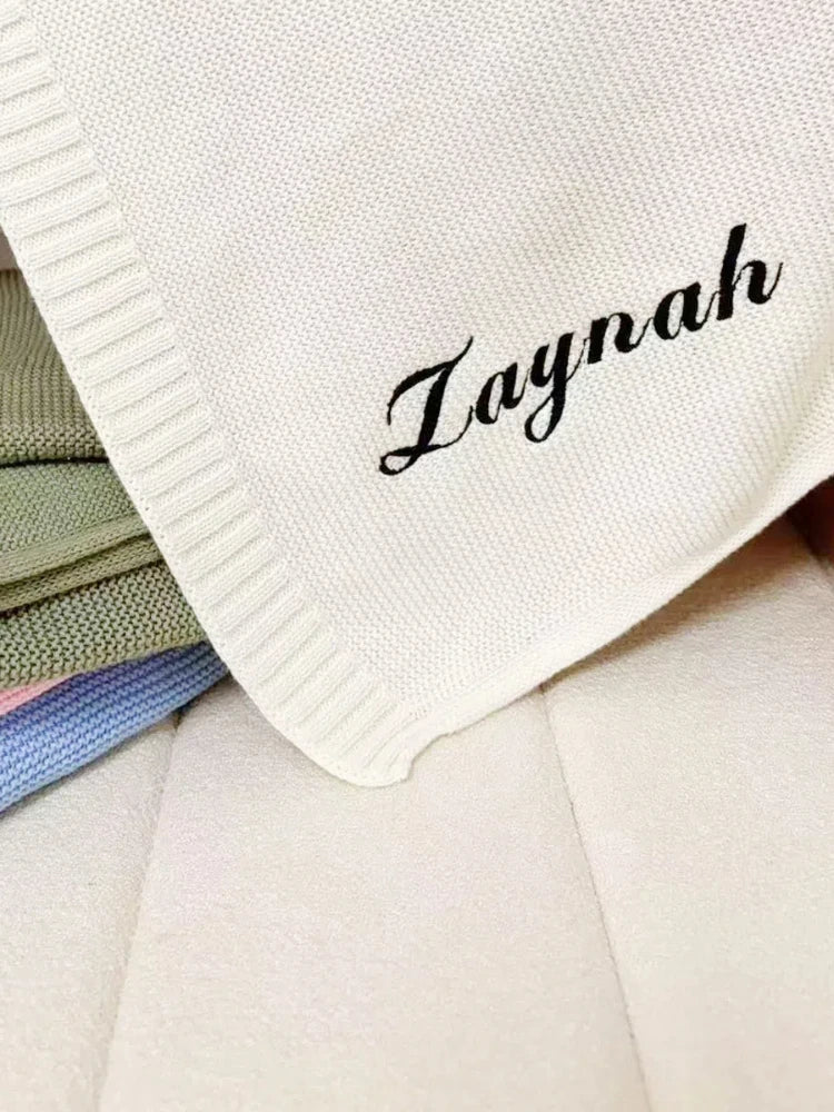 Personalized  letter Embroidered Newborn Custom name Nursery Baby Cotoon Knit Blanket Chunky Stroller Gifts for Boy Girl  Birthd