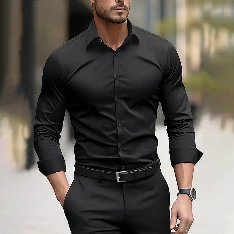 Men's formal shirt solid color wedding outdoor black red navy blue dark green long sleeve lapel summer spring clothing XS-6XL - AIAZ