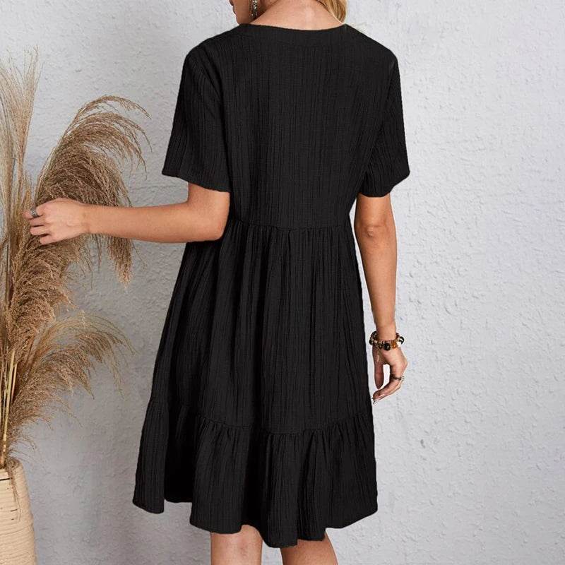 Women Mini Dress Summer Casual Solid V Neck Ruffles A-line Dress Female Fashion Holiday Boho Loose Beach Elegant Dresses Vestido - AIAZ