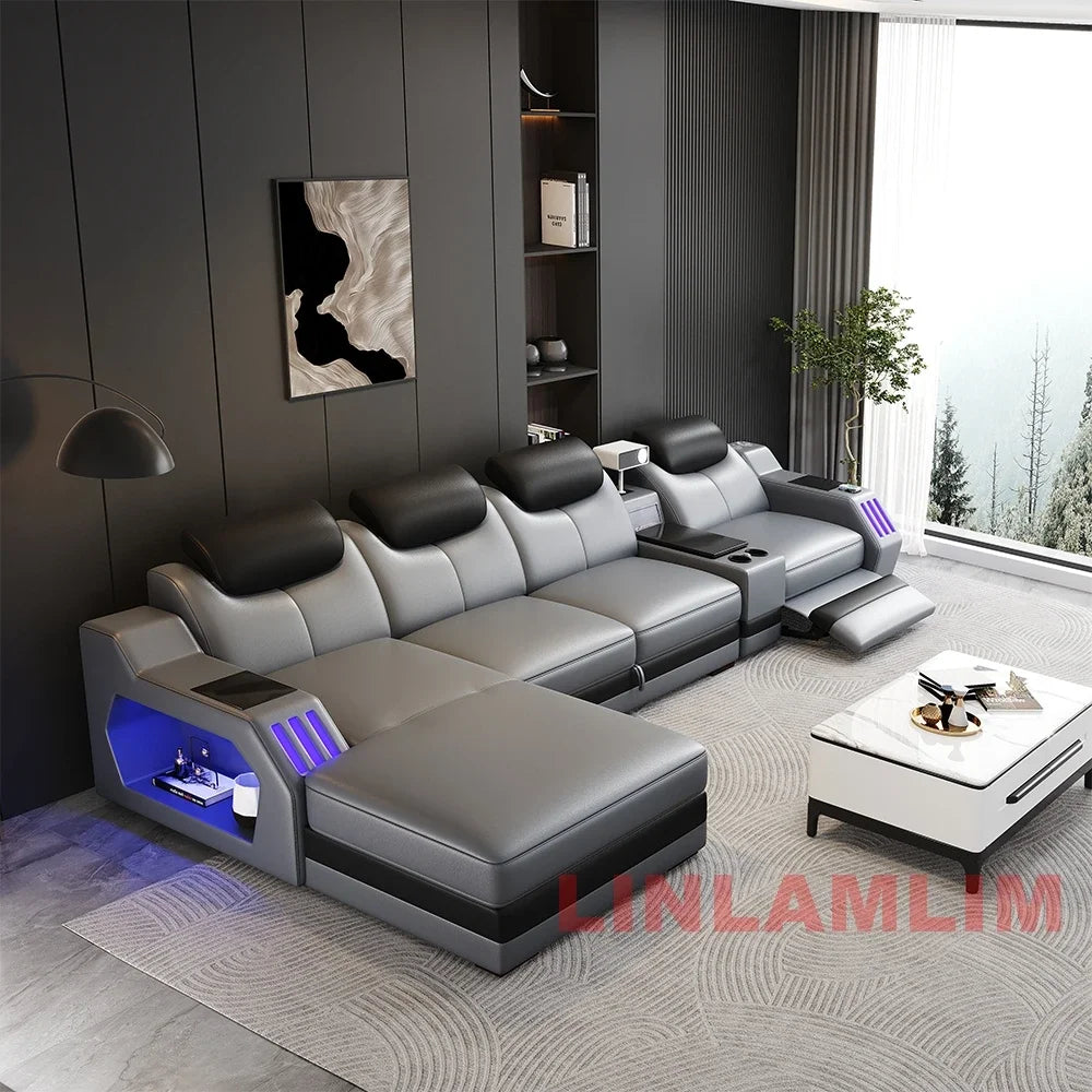 Modern L-Shaped Sectional Sofa Bed with Adjustable Headrests & LED Lights, Genuine Leather Recliner Couch with Storage & USB