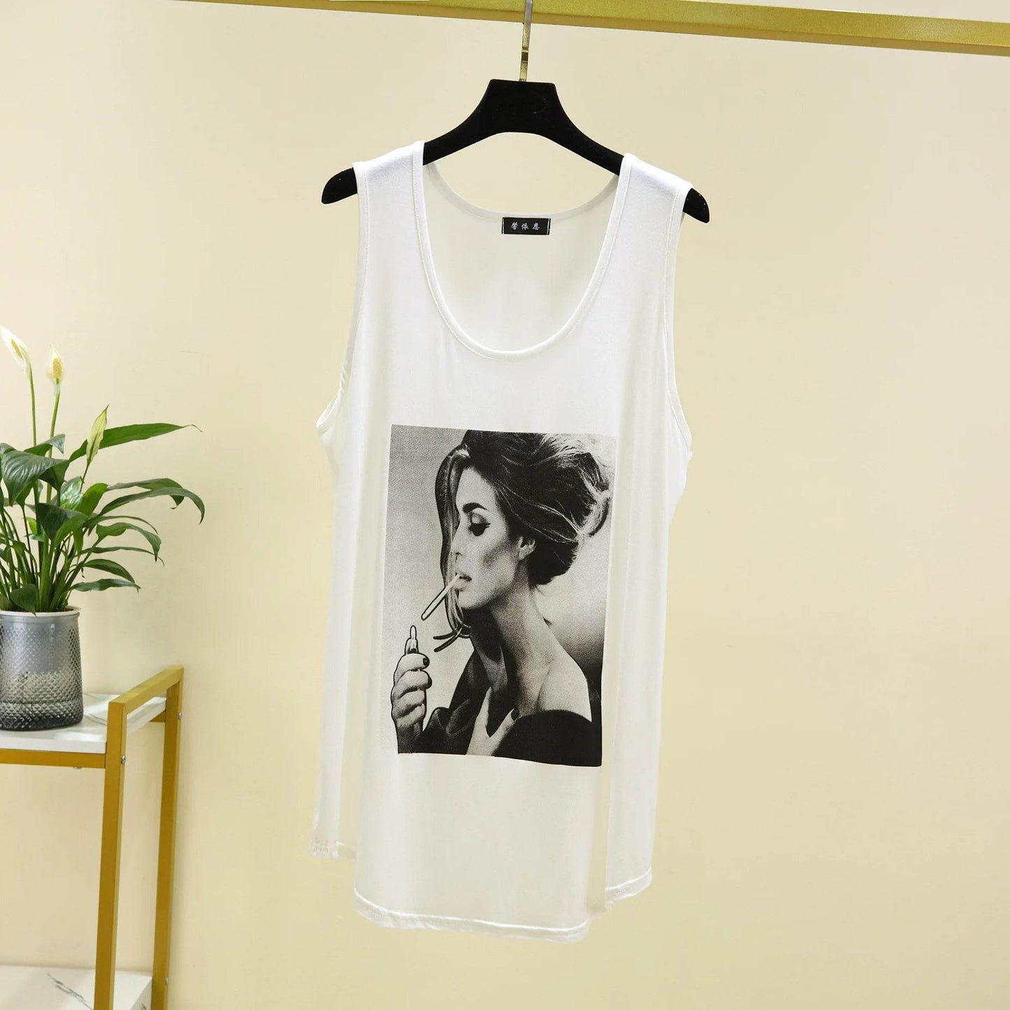 Women Long Tank Tops O-Neck Fashion Print Beauty's Head Casual Loose sleeveless T-shirt streetwear camis tops - AIAZ