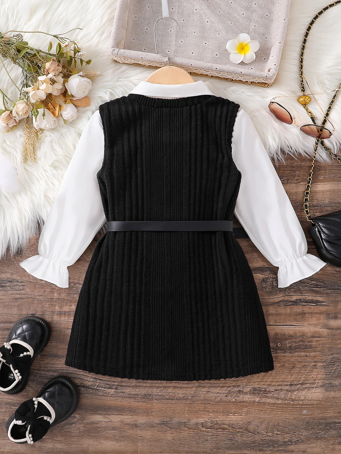 Girls Fashion Casual Dress Set Spring Autumn White Lapel Flower Sleeve Shirt Solid Color Knitted Wing Sleeve Dress