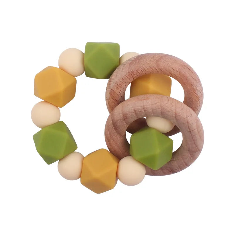 Baby Teether Bracelet Crochet Wood Crafts Engraved Bead Food Grade Silicone Beads Wood Animal Pendant Teething Toys For Rattle