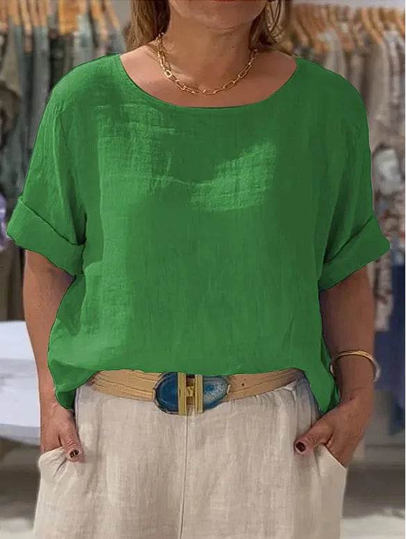 Women's Shirt Summer Fall New Solid Top Fashion Mid-sleeve O-neck Cotton Linen Button-up Casual Loose Shirts For Women Clothing - AIAZ