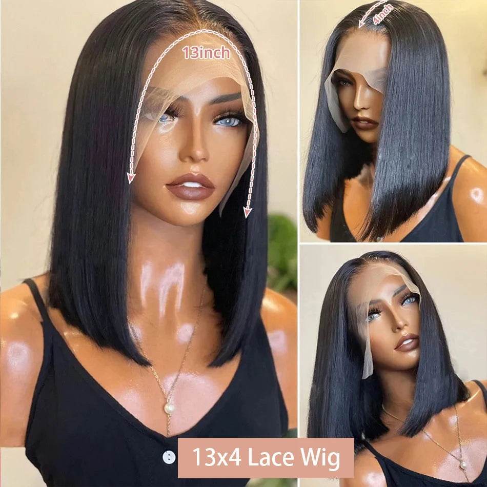 13x4 Bone Straight Bob Wig Lace Front Human Hair Wigs 4x4 Short Bob Wig Lace Frontal Wig 100% Human Hair 200% Density 12 14 Inch - AIAZ