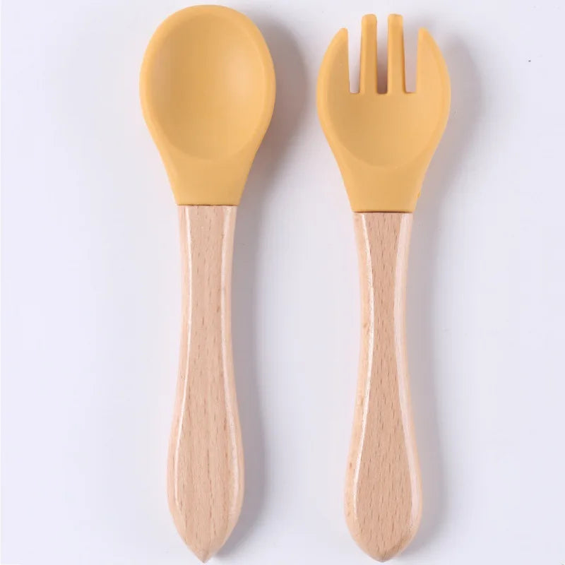 Custom Name Personalized Baby Bamboo Fork Silicone Wooden Feeding Spoon Toddlers Infant Feeding Accessories Organic BPA Free