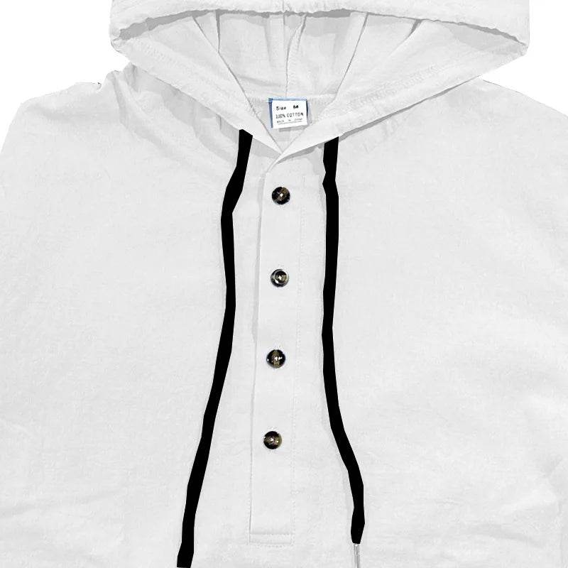 24 New cotton and linen shirts hooded loose large size casual sweater long sleeve hoodie men - AIAZ