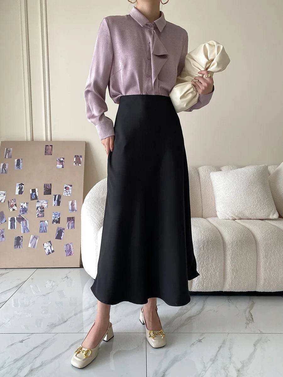 High Waisted Satin Long Skirts for Women Spring/Summer New 2025 Women's Skirt A-line Fashion Elegant Slim Fit Grey Black Skirt - AIAZ