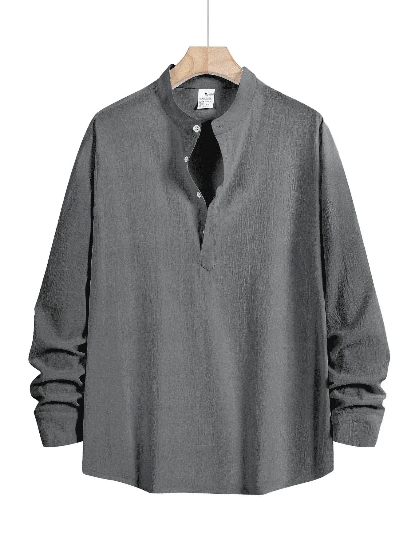 Men's Linen Shirt Summer 2025 Casual Short Sleeve Breathable Stand Collar Loose Fit Trendy Solid Color Youth Top with Pocket - AIAZ