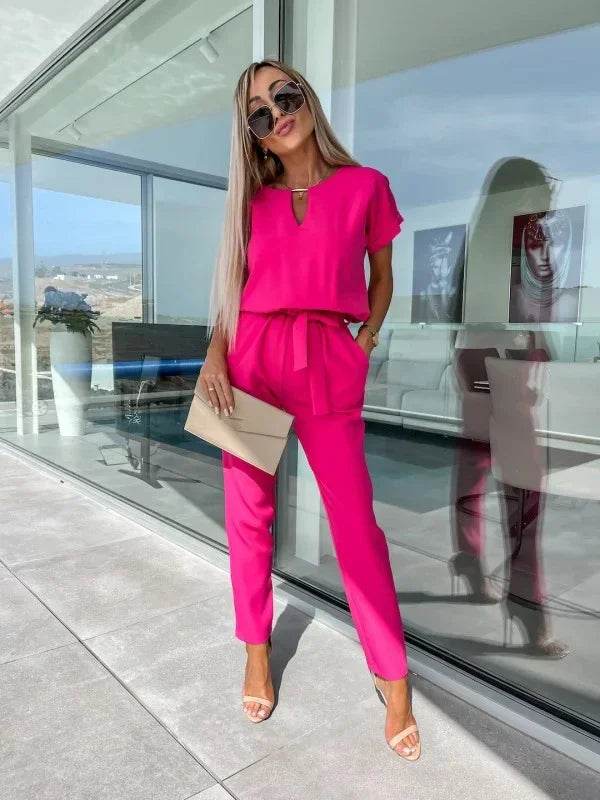 Jumpsuit Women 2023 Solid Color Short Sleeve V-neck Pocket Lace-up Pencil Long Pants Jumpsuits Summer Outfits Bodysuits - AIAZ