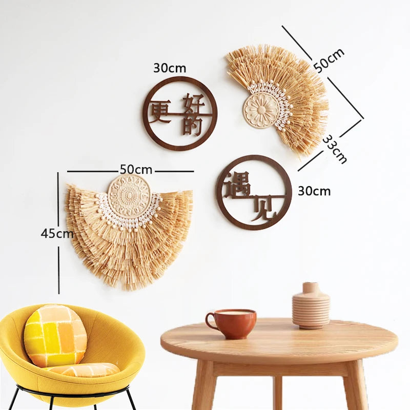 Bohemian Wall Decorations, Woven Grass and Rattan Wall Ornaments, Wall Decorations for Restaurant Background Walls