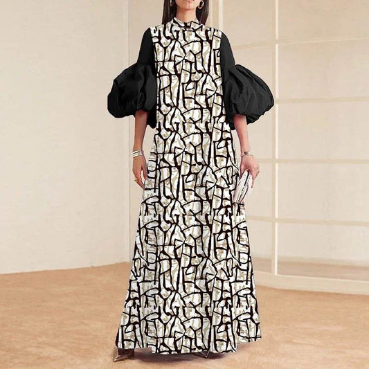 Vintage Pattern Print Muslim Woman Dresses Spring Elegant O Neck Party Long Dresses New Summer Puff Sleeve Loose Boho Maxi Dress - AIAZ