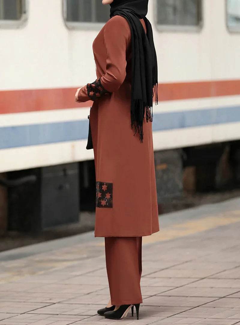 Islamic Ramadan Eid Muslim Dress Women 2 Piece Corset Suit Shirt Wide Leg Pants Dubai Abaya Lace Up Solid Color Kaftan Clothing - AIAZ