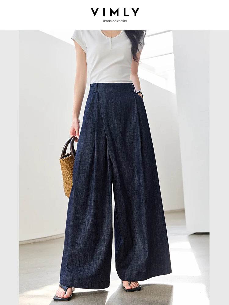 VIMLY Women's Washed Jeans Baggy Skirt Pants Ladies 2025 Spring Summer Casual High Waist Vintage Denim Pants Woman Clothes M9809 - AIAZ