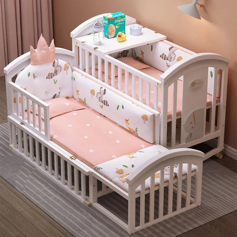 Solid wood spliced crib Multifunctional European style children's bed Movable newborn cradle large bed Baby Rest Chair