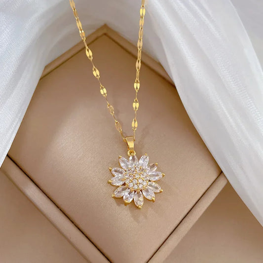 316L Stainless Steel Luxury Zircon Flower Pendant Necklace For Women Girl New Trend Clavicle Chain Jewelry Lady Gift