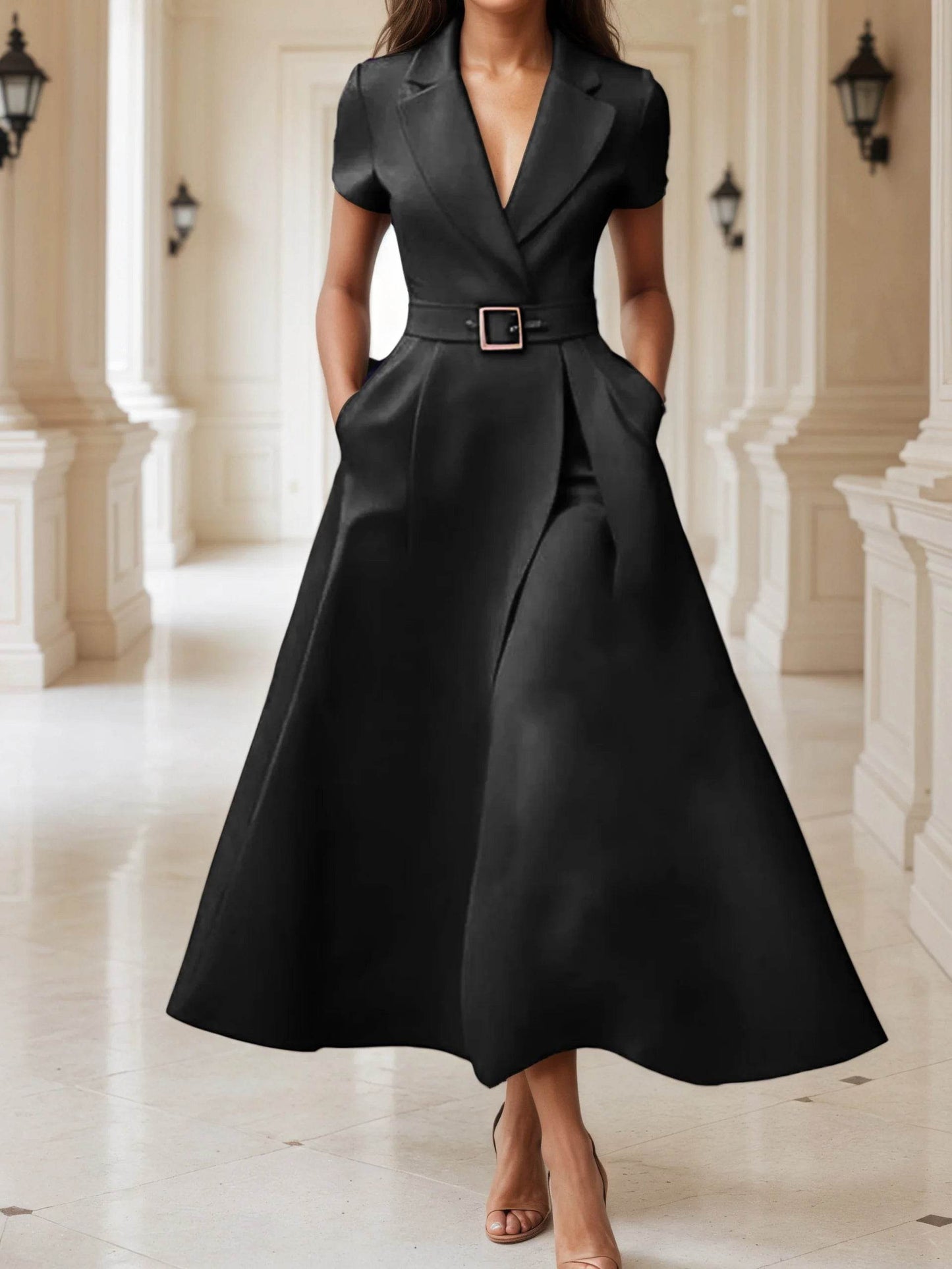 Elegant Black Women's Dress Office Lady Temperament Short Sleeve A-Line Long Dress Female Midi Party Vestidos Robe With Belt - AIAZ