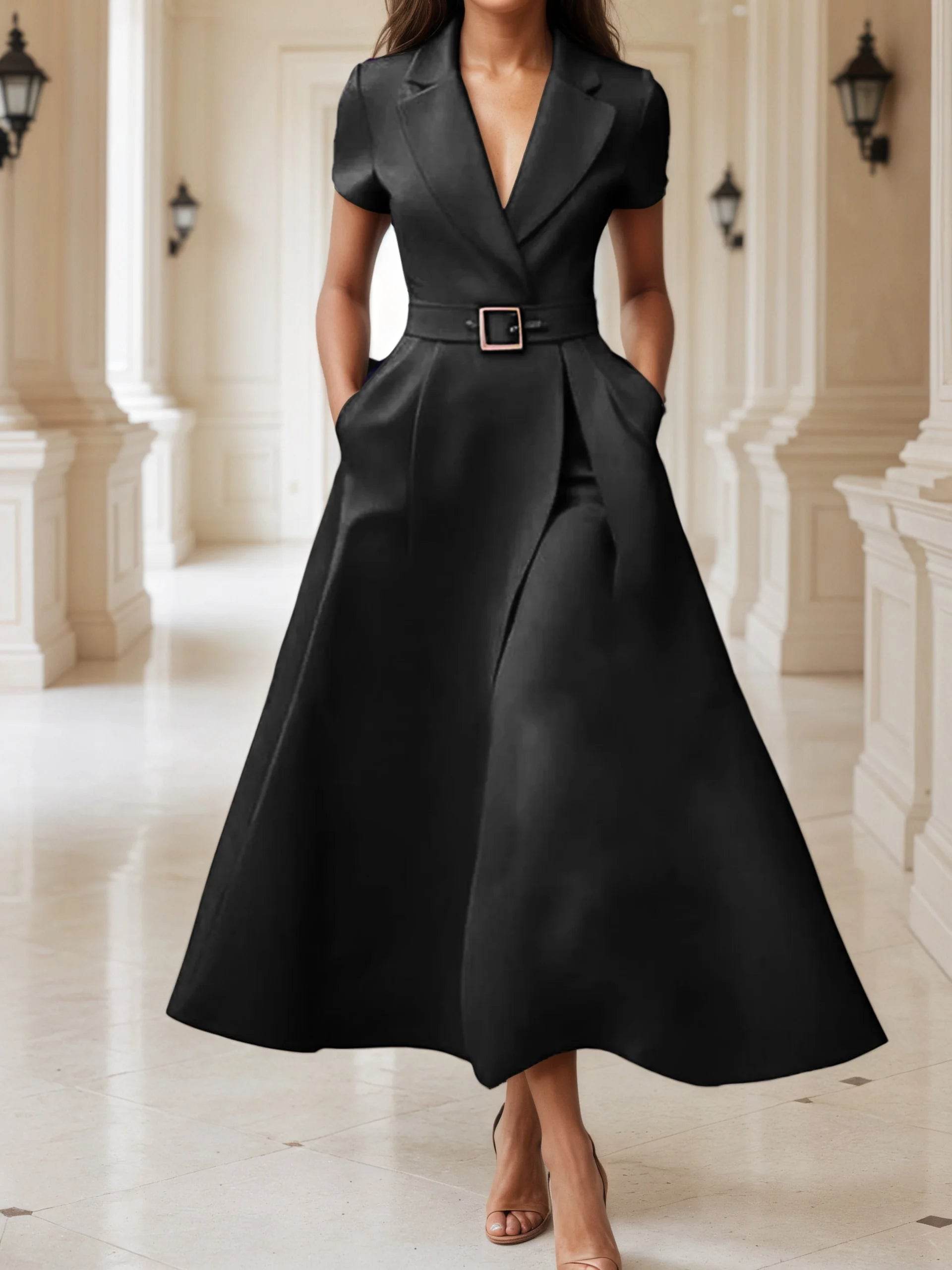 Elegant Black Women's Dress Office Lady Temperament Short Sleeve A-Line Long Dress Female Midi Party Vestidos Robe With Belt - AIAZ