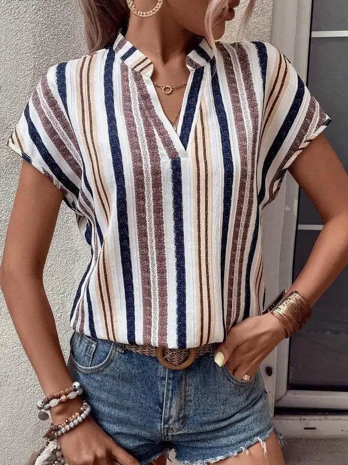 Women's Tops Blouses New 2025 Summer Casual Fashion Striped Print V-neck Short Sleeve Shirt Elegant Women Shirts Tops Streetwear - AIAZ