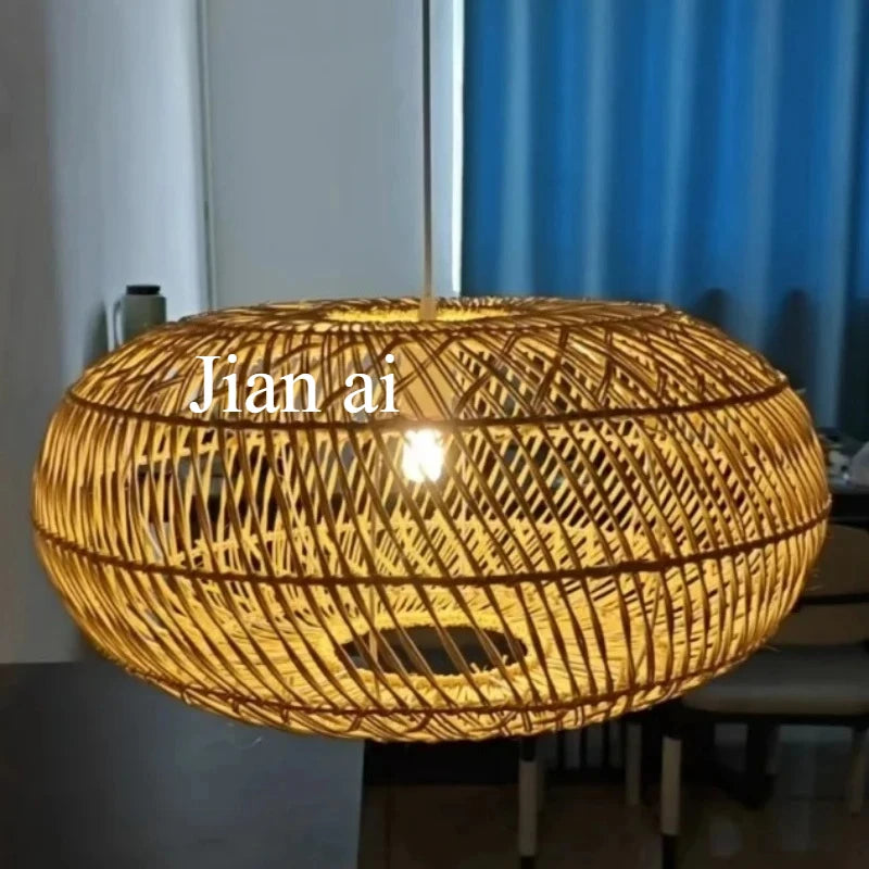 Japanese Style Wooden Woven Handmade Pendant Lights Restaurant Bedroom Study Room Chandelier Pastoral Rattan Tatami Chandeliers