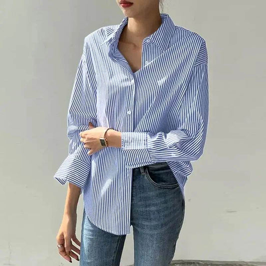 Women Spring Summer Blouses Shirts Lady Fashion Casual Long Sleeve Turn-down Blue Stripes Blusas Tops - AIAZ